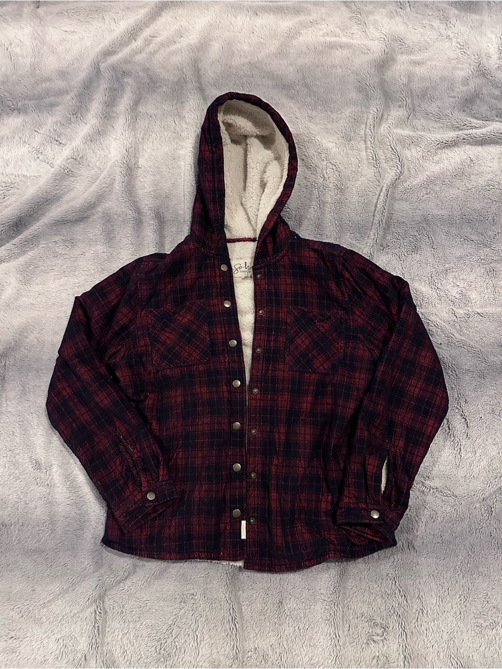 Soho Threads Red & Blue Plaid Corduroy Sherpa Button Hooded Shacket Size L